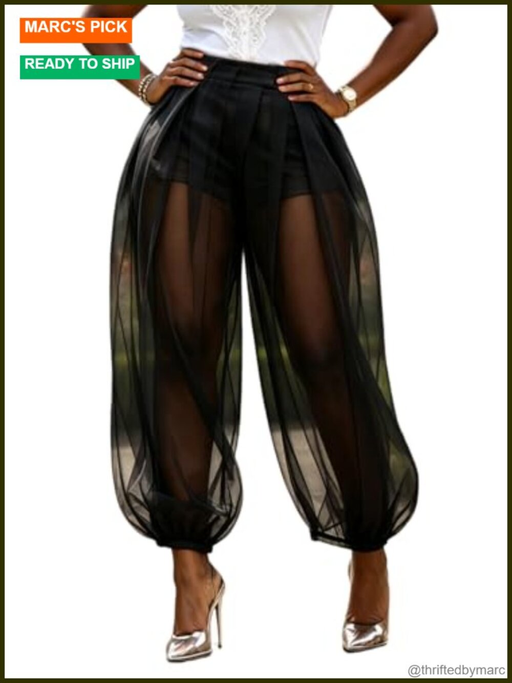 Sheer Tulle Mesh Balloon Pants High Waist Pleated Wide Leg Harem Trousers with